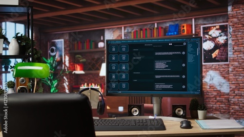 AI LLM chatbot software interface on PC in home office showing virtual assistant answering user prompts. Large language model program on monitor using artificial intelligence, jib up shot