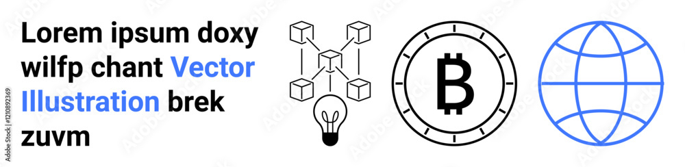 Light bulb, blockchain model, Bitcoin coin, and global network symbol. Ideal for technology, innovation, cryptocurrency, digital currency, decentralized systems, globalization, fintech. Landing page Light bulb, blockchain model, Bitcoin coin, and global network symbol. Ideal for technology, innovation, cryptocurrency, digital currency, decentralized systems, globalization, fintech. Landing page