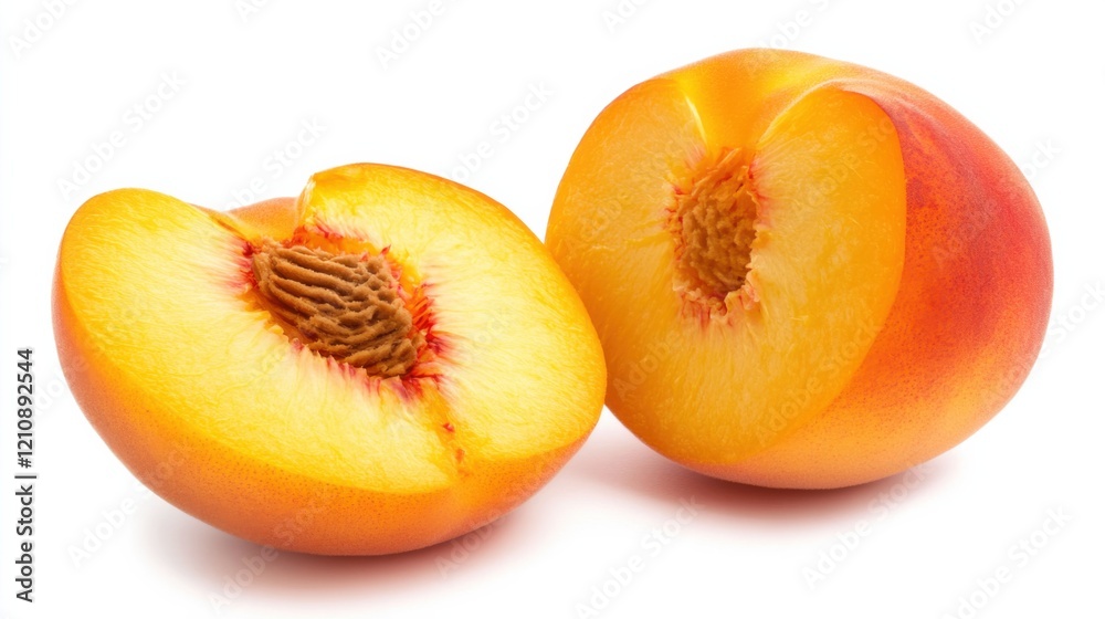 A luscious, ripe peach sliced open to reveal its golden flesh, Each juicy segment tempting with its sweetness A luscious, ripe peach sliced open to reveal its golden flesh, Each juicy segment tempting with its sweetness