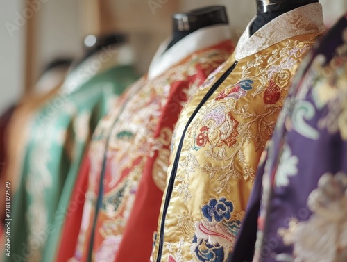 Display of colorful traditional Asian garments with intricate embroidery and rich textures photo