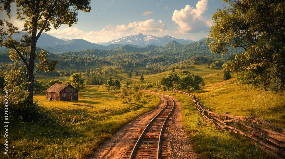 Fototapeta premium Mountain Railroad Sunset Landscape Scenic train tracks winding through a rural valley at sunset, with a small cabin and majestic mountains in the background, ideal for travel or landscape projects