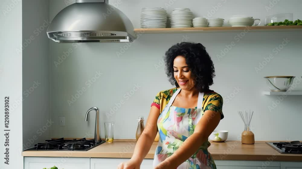African american woman laughing in modern kitchen, embracing joyful cooking moments at home African american woman laughing in modern kitchen, embracing joyful cooking moments at home