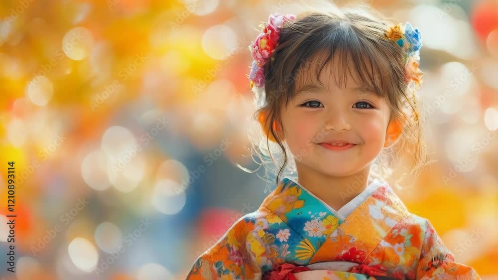 Vibrant autumn joy: smiling child in traditional kimono celebrates seasonal colors Vibrant autumn joy: smiling child in traditional kimono celebrates seasonal colors