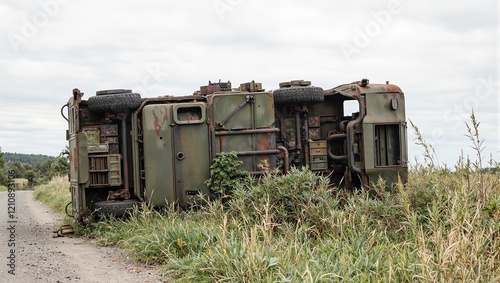 Abandoned military truck with rusted ammo crates in overgrown field photo