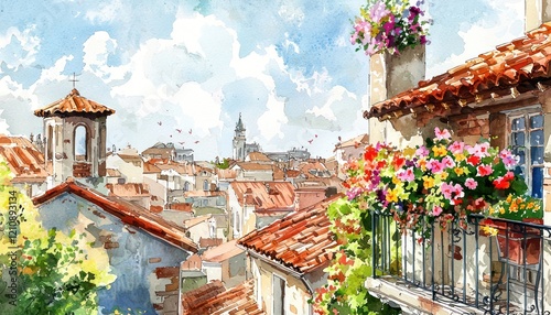 Collection watercolor illustrations balcony views over old European cities with rooftops covered in flowers.