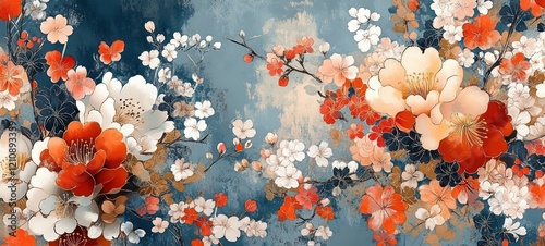 Fototapeta Naklejka Na Ścianę i Meble -  Floral Pattern Banner with Cherry Blossoms and Peonies in Japanese Kimono Style Decorative Textile Design