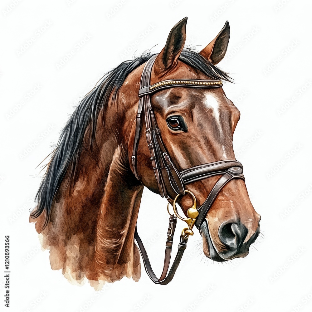 Fototapeta premium This watercolor showcases a horse bridle, focusing on its detailed texture and craftsmanship with a white background enhancing its elegance and beauty