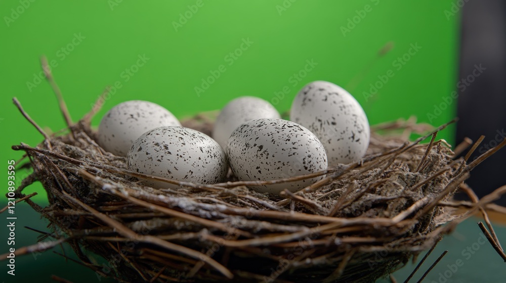 Five speckled eggs nestled in a brown twig nest on a green background close-up shot Five speckled eggs nestled in a brown twig nest on a green background close-up shot