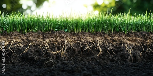Detailed Cross-section of Soil Layers with Green Grass and Root Network Underground Structure