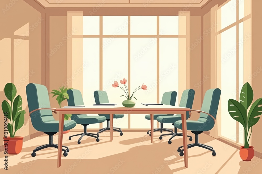 Fototapeta premium Bright and Modern Conference Room Design with Green Chairs, Large Windows, and Potted Plants Ideal for Business Meetings and Collaborations