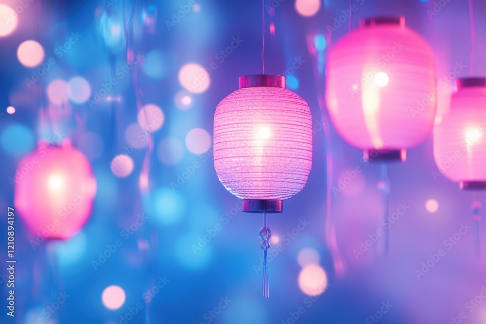 Festive pink lanterns glowing against a soft blue bokeh background at night.