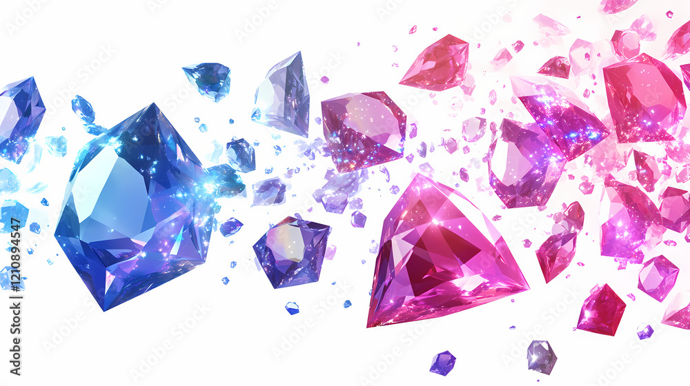 Fototapeta premium Beautiful shiny diamonds in air on white background. Diamond Falls. Illustration