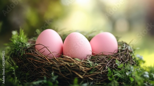 Pink easter eggs in a nest on artificial grass for spring design or decor