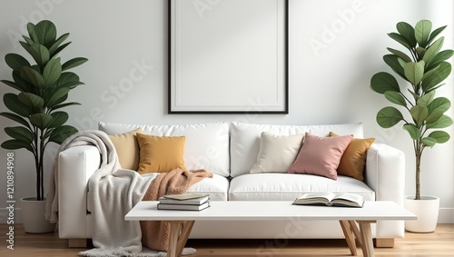 Cozy living room scene featuring a pristine white couch adorned with vibrant colored pillows. A sleek white coffee table holds two books beside an open one, while a minimalist backdrop completes the e photo