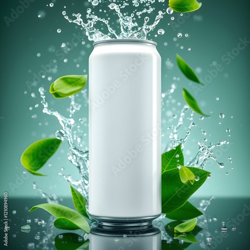 Wallpaper Mural Aluminum beverage can, green leaves splashing, water droplets, fresh mint, vibrant emerald background, product photography Torontodigital.ca