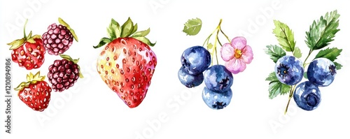 Collection watercolor wild berries and flowers, ideal for rustic kitchen decor.