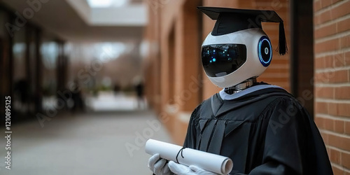 Humanoid robot graduate in gown and cap, holding a diploma in a modern outdoor setting. Generated with AI