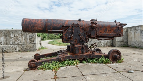 Abandoned anti aircraft gun on concrete with weeds photo