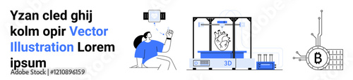 Female using VR headset beside 3D printer creating heart, bitcoin mining network. Ideal for tech blogs, future technology articles, educational content, innovation showcases, startup websites