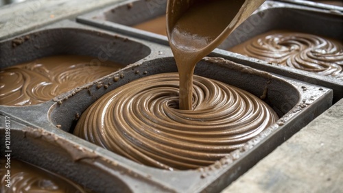 A closeup of a concrete mixer pouring foundation material into preformed molds with the mix swirling around emphasizing the texture and richness of the wet concrete. photo