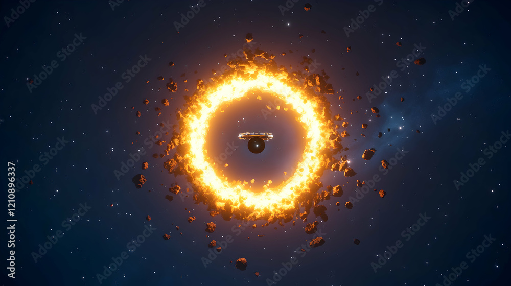 Fiery ring of debris encircles a planet in space. Fiery ring of debris encircles a planet in space.