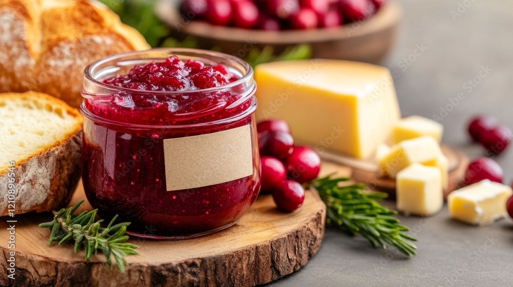 Savor the delightful combination of artisan cheese paired with sweet cherry jam served on a rustic wooden board Savor the delightful combination of artisan cheese paired with sweet cherry jam served on a rustic wooden board