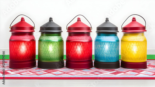 Five colorful lanterns with warm light, sitting on a rug. photo