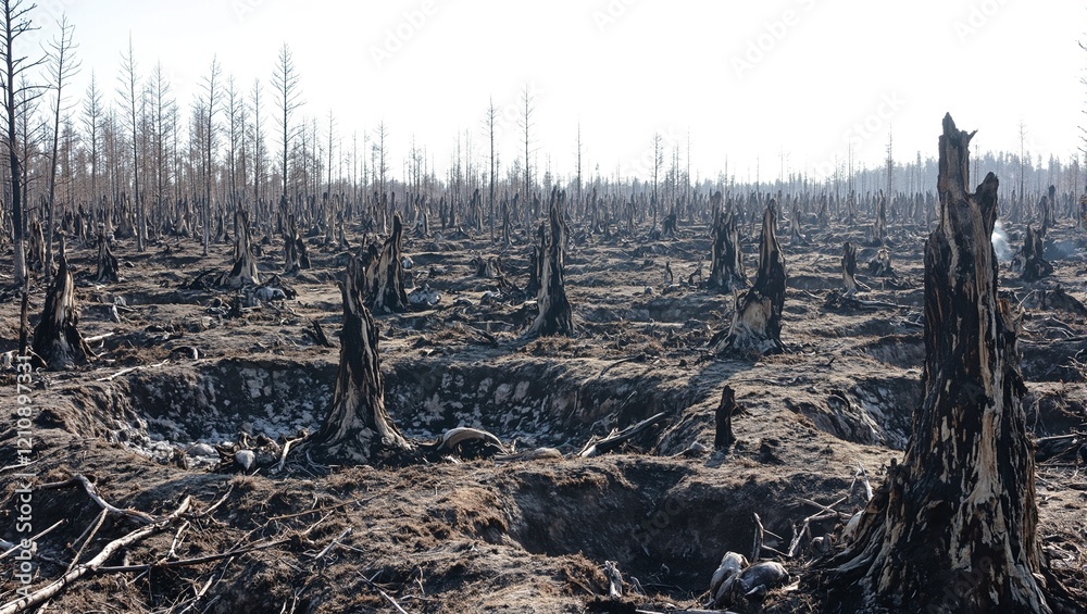 Post battlefield with charred stumps and craters thick with acrid smoke Post battlefield with charred stumps and craters thick with acrid smoke