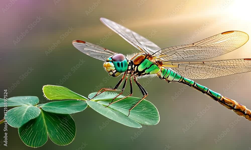 Colorful dragonfly perched on a green leaf with a soft, blurred background of nature Colorful dragonfly perched on a green leaf with a soft, blurred background of nature