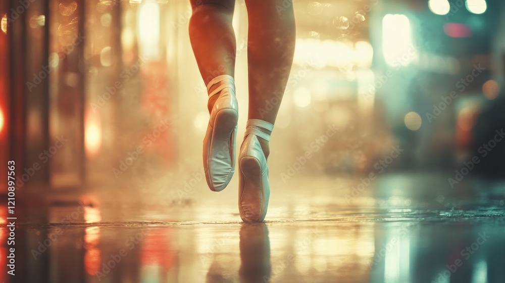 Fototapeta premium Ballerina runs city street night rain