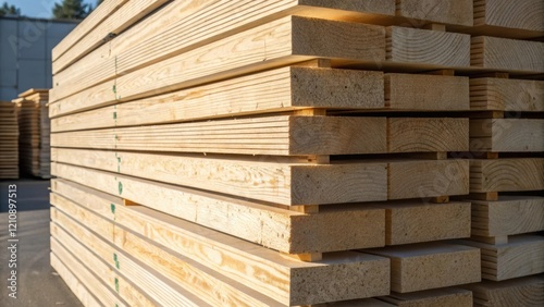 A closeup of a stack of CLT panels ready for use with sunlight casting shadows that accentuate the panels thickness and layered design symbolizing the future of sustainable