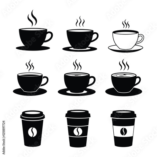 Coffee cup silhouette, Coffee and tea cups silhouette, Teacup silhouette, Ceramic cups silhouette, Tea and coffee cup icon set
