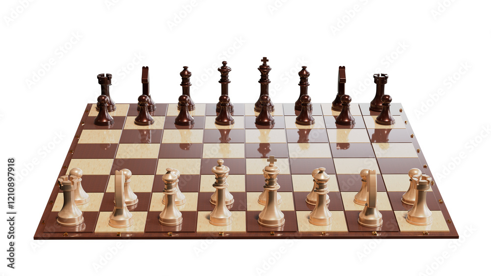 Chess pieces on the board in the starting position. Isolated. Transparent background. 3D Rendering.
Chess pieces on the board in the starting position. Isolated. Transparent background. 3D Rendering.