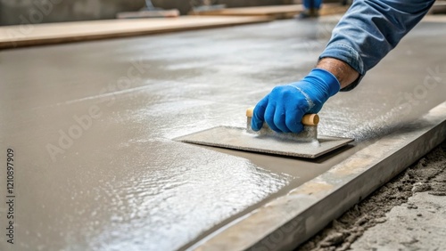 A closeup of a workers gloved hand applying a finishing compound to a concrete slab highlighting the fine details of the texture as the compound spreads evenly across the surface.
