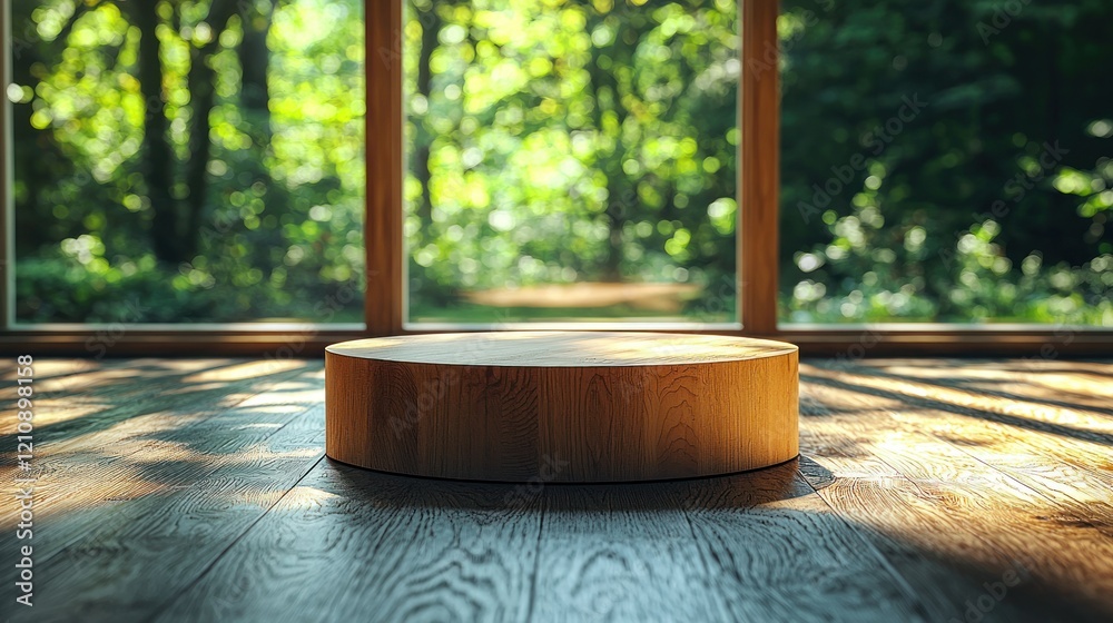 Fototapeta premium Wooden platform, forest view, sunlit room, product display