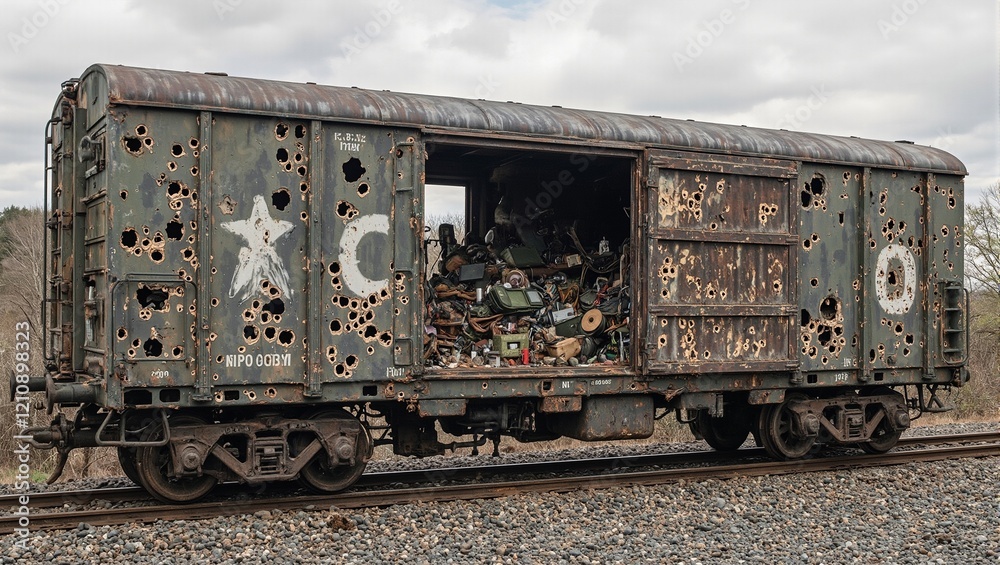 Naklejka premium Abandoned bullet ridden train car with decaying military cargo