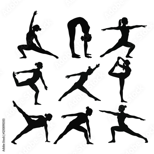 A set of silhouettes of yoga pose icons, gymnastic exercises vector  illustration with white background