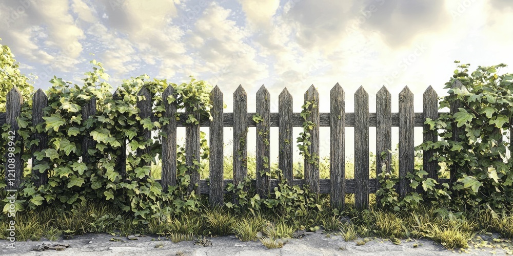 Obraz premium Tranquil scene featuring an aged fence adorned with ivy weaving gracefully through its weathered slats.