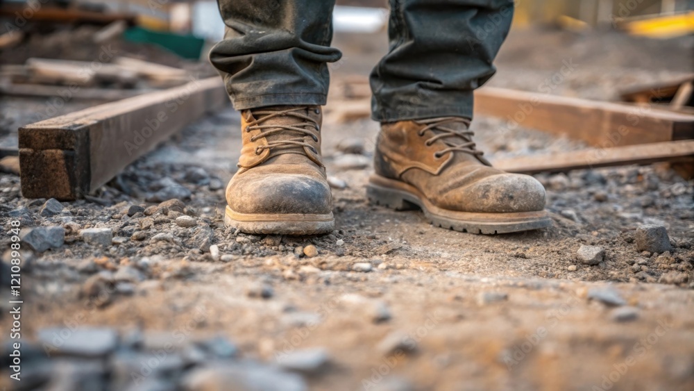 A closeup of the foremans boots standing on the uneven ground of the construction site with gravel and discarded materials around illustrating the rugged environment he navigates A closeup of the foremans boots standing on the uneven ground of the construction site with gravel and discarded materials around illustrating the rugged environment he navigates
