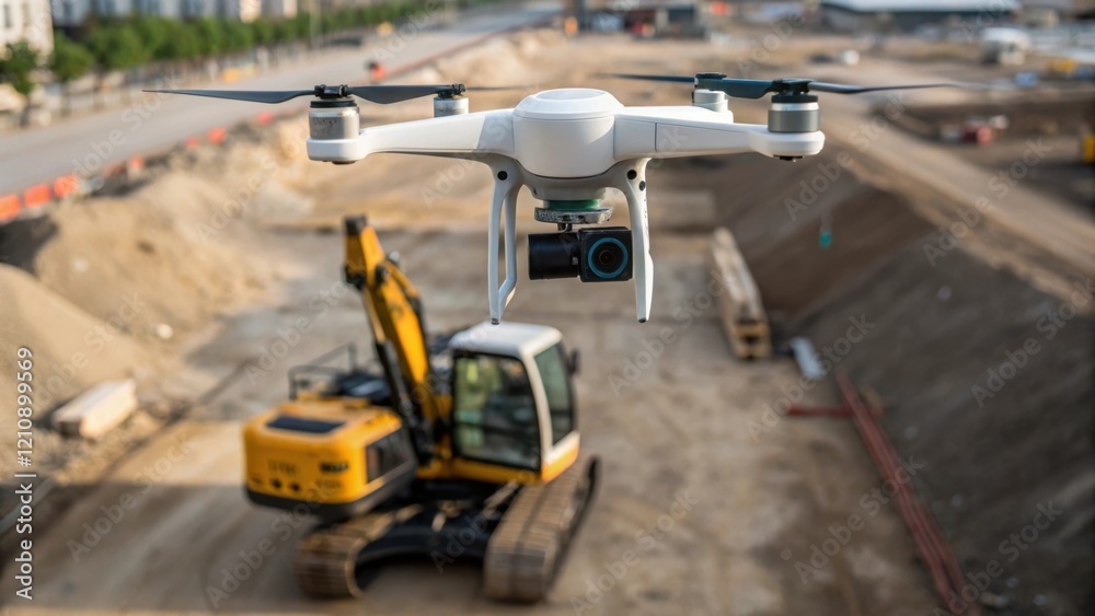 A closeup shot of a drone hovering above a construction site with its camera focused on a selfdriving excavator operating below capturing an aerial perspective of the automated A closeup shot of a drone hovering above a construction site with its camera focused on a selfdriving excavator operating below capturing an aerial perspective of the automated