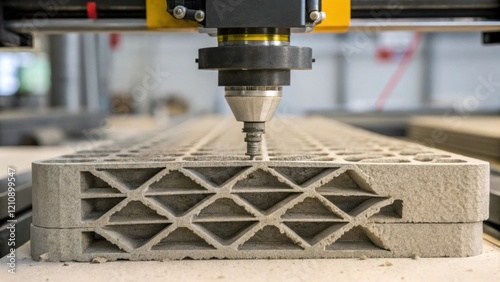 A closeup shot of a 3D printer extruding concrete in layers revealing the texture of the material as it builds complex shapes emphasizing innovation in construction materials and