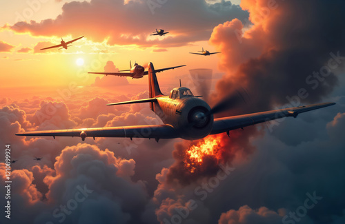Fiery aerial combat unfolds in WWII sky. Multiple warplanes engage in dogfight at sunset. One aircraft ablaze amidst clouds. Intense battle scene illustrates historical air conflict between opposing