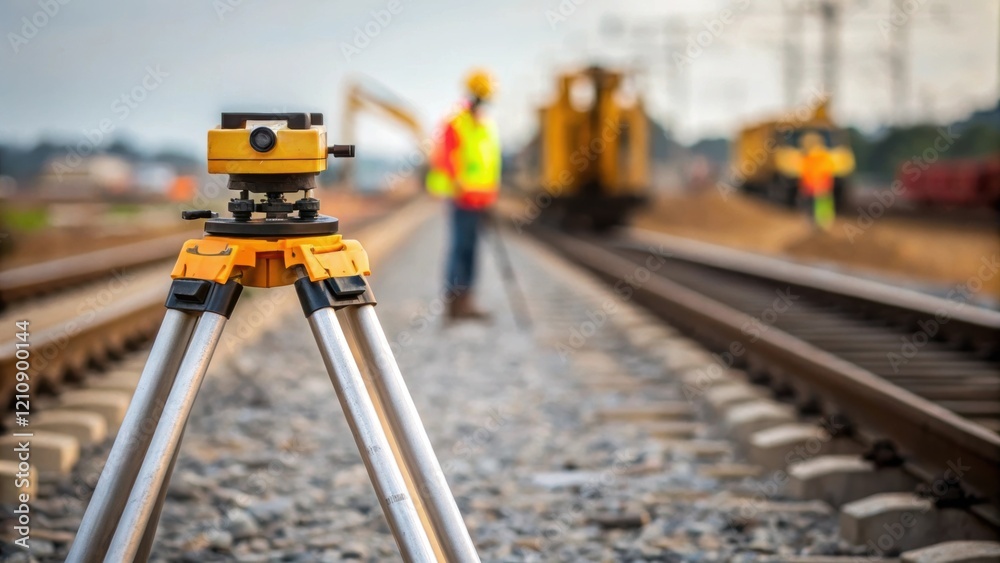 A closeup view of a surveying tool on the ground measuring the alignment of the rail bed with blurred images of construction machinery and workers in the background. A closeup view of a surveying tool on the ground measuring the alignment of the rail bed with blurred images of construction machinery and workers in the background.