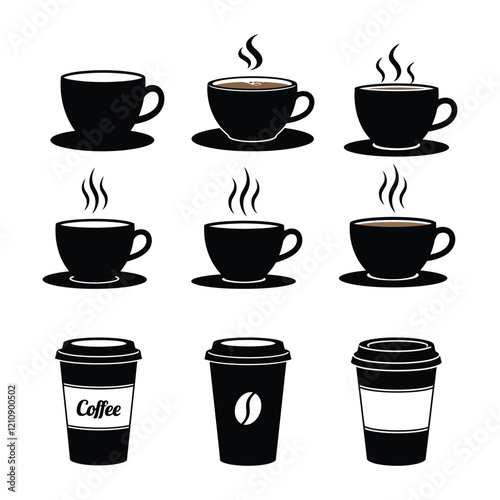 Coffee cup silhouette, Coffee and tea cups silhouette, Teacup silhouette, Ceramic cups silhouette, Tea and coffee cup icon set