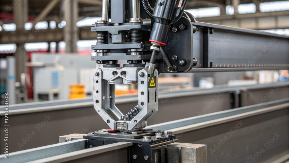 A detailed view of a robots gripper mechanism as it securely holds a large steel beam showcasing the engineering behind its design that enables it to handle heavy materials with A detailed view of a robots gripper mechanism as it securely holds a large steel beam showcasing the engineering behind its design that enables it to handle heavy materials with