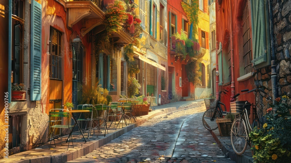 Fototapeta premium A cobblestone street at golden hour with vintage buildings, a street café, and a flower-filled bicycle leaning against a brick wall.