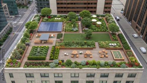 A detailed view of the rooftop garden on the architectural model showcasing various plants seating arrangements and amenities that promote sustainability and communal space in a