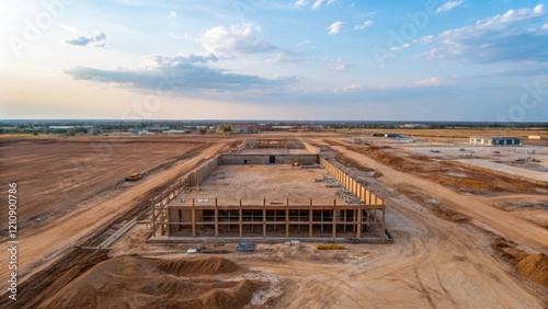 A drone shot zooming out to reveal the entire site as it evolves from dirt and debris to a framed building encapsulating the gradual progression and development of the project.