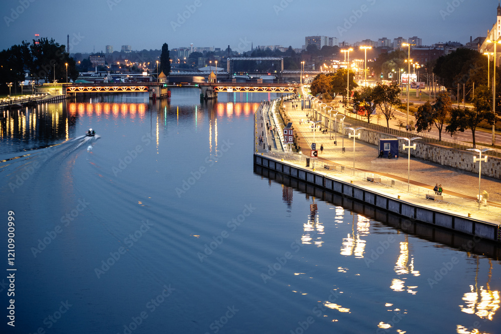 Cityscape with River, Bridges, and Lights at Night in Szczecin, Poland