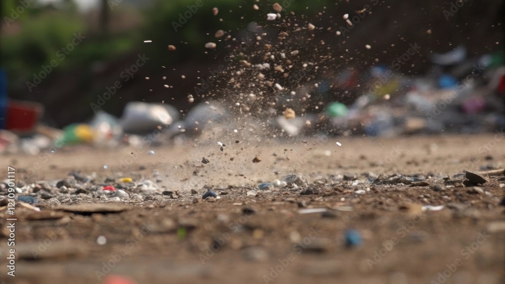 A medium closeup capturing the moment debris hits the ground with tiny fragments tering in different directions highlighting the impact and the chaotic scene of the landfill A medium closeup capturing the moment debris hits the ground with tiny fragments tering in different directions highlighting the impact and the chaotic scene of the landfill